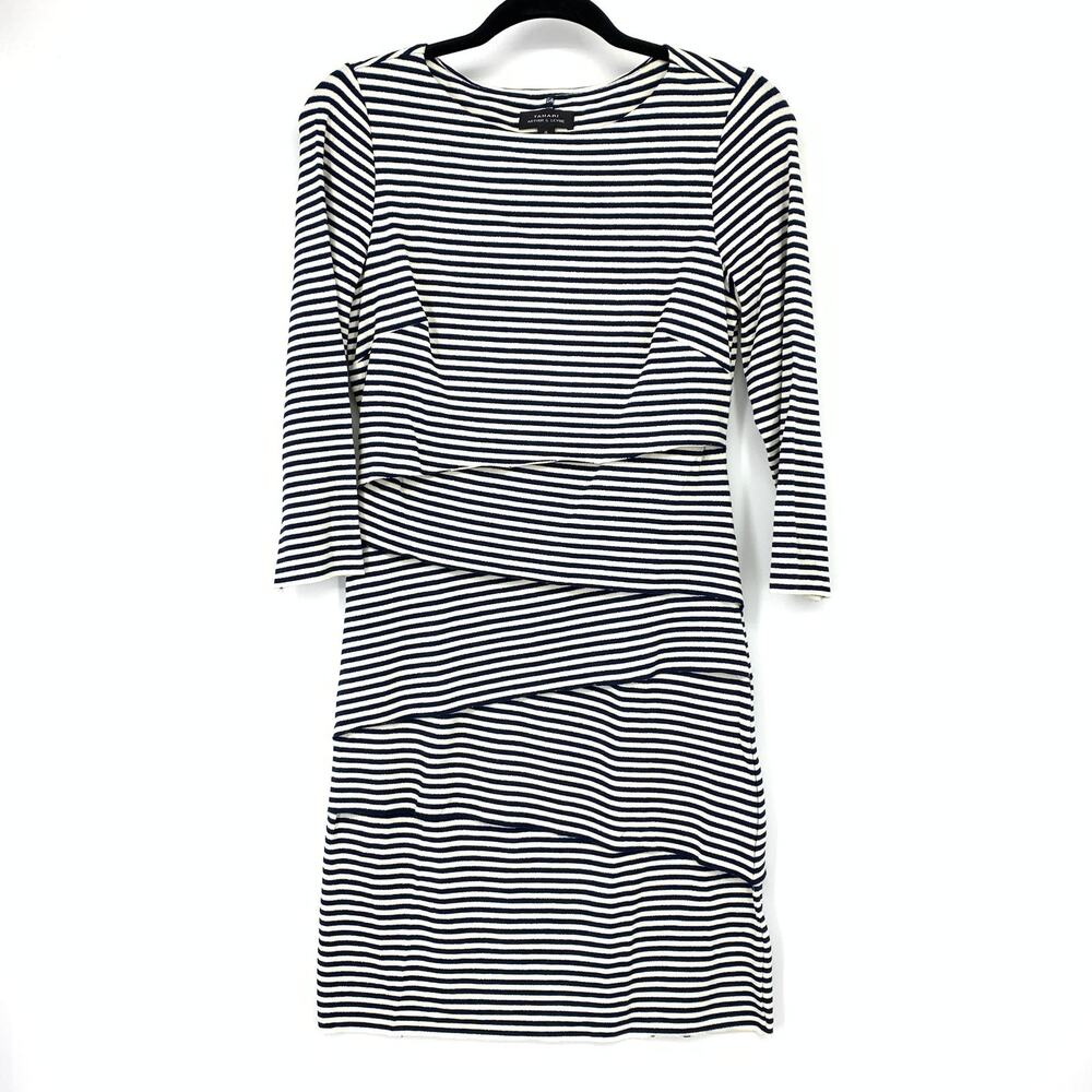 Tahari Arthur S. Levine Knit Dress Womens 4 Blue Striped Boat Neck 3 4 Sleeve